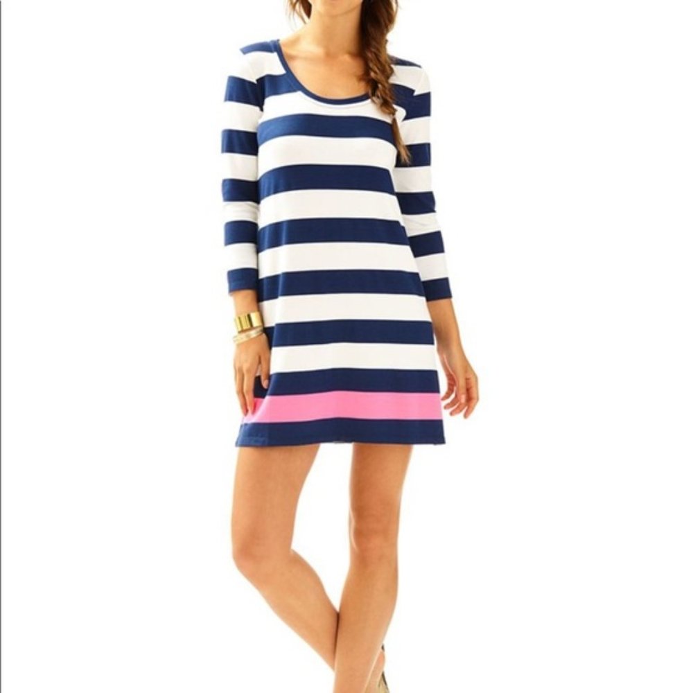 Lilly Pulitzer Devon Striped Dress Bright Navy Aquatic Size Medium